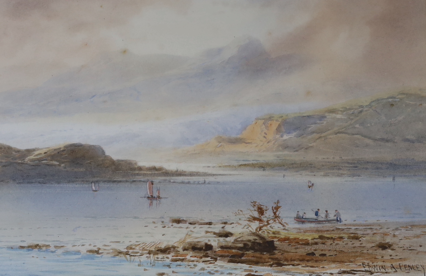 Six Victorian watercolour landscapes, by Edwin and Aaron Penley, The majority signed, the largest 18 X 46 cm, together with two volumes of sketching from nature in watercolours by Aaron Penley and albums of research on t